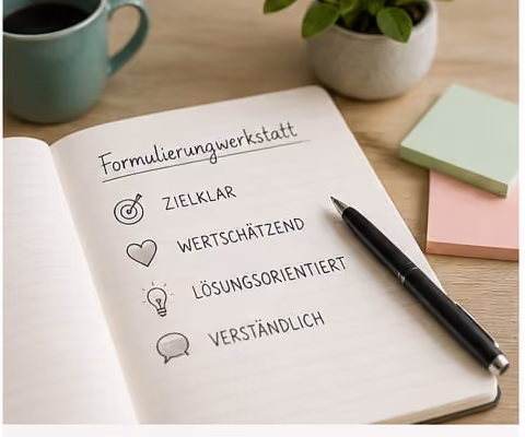 Aufgeschlagenes Notizbuch mit den Kriterien zielklar, wertschätzend, lösungsorientiert und verständlich, daneben ein Stift.