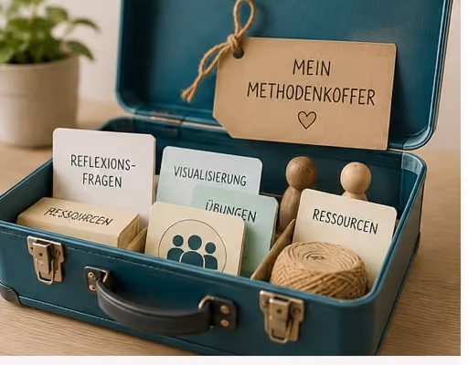Geöffneter petrolfarbener Koffer mit Methodenkarten für Reflexionsfragen, Übungen, Visualisierung und Ressourcen.