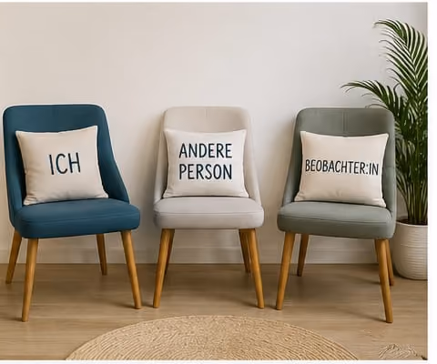 Drei Stühle nebeneinander mit beschrifteten Kissen: Ich, andere Person und Beobachter:in. KI-generierte Darstellung.