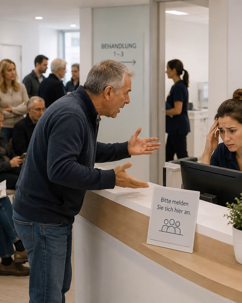 Wartebereich einer Praxis: Ein aufgebrachter Besucher gestikuliert am Empfangstresen, eine Mitarbeiterin reagiert sichtlich angespannt.