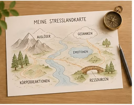 Handgezeichnete Landkarte mit Fluss und Bergen und den Stationen Auslöser, Gedanken, Emotionen, Körperreaktionen und Ressourcen.